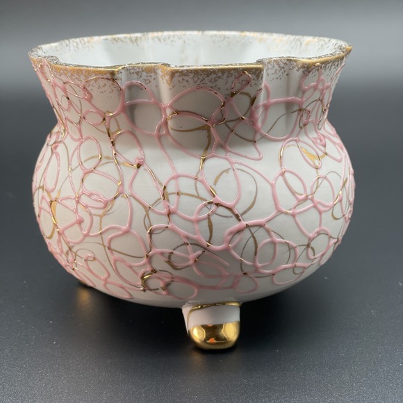Vintage 3 Legged Lefton China Hand Painted Bowl/Planter Marked 50441 Gold Pink - Picture 4 of 9